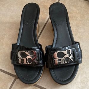 Coach Jen Black Patent Cork Wedge Heel Ladies Shoes Sz 9B A8379.